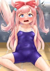 Rule 34 | agnes digital (umamusume), alternate costume, animal ears, blush, bow, breasts, commentary request, floor, hair bow, highres, horse ears, horse tail, looking at viewer, naka ushiro, navel, open mouth, pink hair, school swimsuit, small breasts, spread legs, surprised, sweat, swimsuit, tail, umamusume, wet