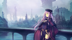 Rule 34 | 1girl, belt, black necktie, blue eyes, boots, breasts, building, buttons, cape, commentary request, double-breasted, dress, elbow gloves, fog, gloves, hair between eyes, hat, leaning back, long hair, medium breasts, necktie, original, purple hair, sheath, sheathed, skyline, sleeveless, sleeveless dress, solo, strapless, strapless dress, sword, tenmaso, thigh boots, thighhighs, water, weapon