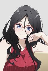 Rule 34 | 1girl, artist name, bare arms, black hair, blue eyes, blurry, blurry background, closed mouth, cropped arms, head rest, hibike! euphonium, highres, looking at viewer, mixed-language commentary, red-framed eyewear, red shirt, reia 76, semi-rimless eyewear, shirt, sleeveless, sleeveless shirt, smile, solo, tanaka asuka, upper body