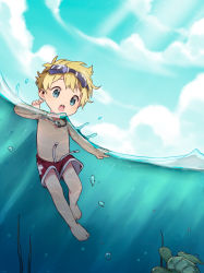 Rule 34 | 1boy, barefoot, bubble, child, day, drawstring, feet, fish, goggles, goggles on head, highres, male focus, male swimwear, nemui (nemuriyagi), original, outdoors, partially submerged, partially underwater shot, red male swimwear, red swim trunks, swim trunks, swimming, swimsuit, topless male, turtle, underwater, water, whistle