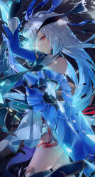 Rule 34 | 1girl, absurdres, bare shoulders, black blindfold, black gloves, blindfold, blue dress, blue sleeves, breasts, chinese clothes, closed mouth, cowboy shot, detached sleeves, dress, gloves, hair between eyes, high-low skirt, high ponytail, highres, holding, holding sword, holding weapon, honkai: star rail, honkai (series), jingliu (honkai: star rail), kamatoyu, long hair, long sleeves, looking at viewer, medium breasts, red eyes, solo, sword, weapon, white hair