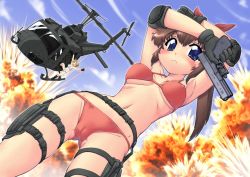 Rule 34 | 1girl, aircraft, armpits, arms up, bikini, blue eyes, blush, breasts, brown hair, cameltoe, covered erect nipples, day, dutch angle, elbow pads, explosion, glock, gloves, gun, handgun, hase yu, helicopter, holding, holding gun, holding weapon, holster, long hair, medium breasts, navel, original, pistol, ponytail, red bikini, solo, swimsuit, thigh holster, trigger discipline, uh-1 iroquois, underboob, weapon