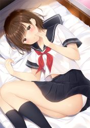 Rule 34 | 1girl, :t, bed, black sailor collar, black skirt, black socks, breasts, brown eyes, brown hair, closed mouth, collarbone, commentary request, feet out of frame, from above, kneehighs, looking at viewer, lying, midriff peek, miniskirt, neckerchief, noda shuha, on bed, on side, original, panties, pillow, pleated skirt, pout, red neckerchief, sailor collar, school uniform, serafuku, shirt, short hair, short sleeves, skirt, small breasts, socks, solo, underwear, white panties, white shirt