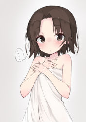 Rule 34 | ..., 10s, 1girl, absurdres, blush, brown eyes, brown hair, closed mouth, commentary, doorknoble, frown, girls und panzer, grey background, highres, looking at viewer, naked towel, parted bangs, sawa azusa, short hair, solo, spoken ellipsis, standing, towel, upper body