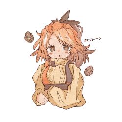 Rule 34 | 1girl, :o, arknights, blue bow, blush, bow, brown eyes, chestnut mouth, feather hair, hinagi (windy5637), long sleeves, looking at viewer, mole, mole under eye, orange bow, orange hair, pinecone, pinecone (arknights), ponytail, simple background, solo, suspenders, sweater, turtleneck, turtleneck sweater, two-tone bow, upper body, white background, yellow sweater