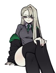 Rule 34 | 1girl, black nails, breasts, commentary, crossed legs, draco malfoy, english commentary, genderswap, genderswap (mtf), grey eyes, grey hair, grizz, harry potter (series), highres, long hair, looking at viewer, medium breasts, necktie, simple background, sitting, smile, solo, thighhighs, white background, wizarding world