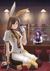 Rule 34 | 2girls, absurdres, alcohol, alternate costume, anger vein, animal ears, artist request, bar (place), broken, commission, crossover, cup, drinking, drinking glass, eyepatch, formal, giant, giantess, girls&#039; frontline, griffin &amp; kryuger, grifon &amp; kryuger, highres, jill stingray, m16a1 (girls&#039; frontline), m16a1 (the one-eyed rabbit knight) (girls&#039; frontline), multiple girls, necktie, nier (series), official alternate costume, rabbit ears, size difference, stool, suit, va-11 hall-a, whiskey