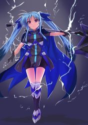 Rule 34 | 1girl, absurdres, armor, bike shorts, black dress, black footwear, black gloves, black shorts, blue cape, blue hair, blue ribbon, cape, closed mouth, commentary, dress, electricity, frown, full body, gloves, greaves, hair ribbon, hajime kazuhito, highres, holding, holding weapon, long hair, looking at viewer, lyrical nanoha, magical girl, mahou shoujo lyrical nanoha reflection, levi the slasher, purple eyes, ribbon, short dress, short sleeves, shorts, solo, standing, vulnificus, weapon