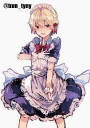 Rule 34 | 1boy, apron, bad id, bad twitter id, black eyes, blonde hair, blush, bow, bowtie, commentary request, crossdressing, dress, embarrassed, gloves, grey background, hair ribbon, hand on own chest, highres, ikeuchi tanuma, legs apart, looking at viewer, maid apron, maid headdress, male focus, open mouth, original, purple dress, red bow, red bowtie, ribbon, simple background, solo, trap, twitter username, white apron, white gloves