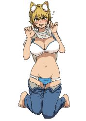 Rule 34 | 1girl, absurdres, aqua panties, barefoot, blonde hair, blush, bra, breasts, chanta (ayatakaoisii), cleavage, clothes lift, denim, grey shirt, hands up, highres, jeans, large breasts, navel, open mouth, panties, pants, shadow, shirt, shirt lift, short hair, short sleeves, simple background, solo, touhou, underwear, white background, white bra, yakumo ran, yellow eyes