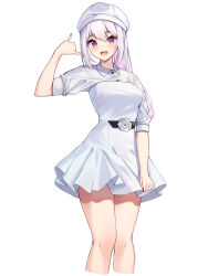 Rule 34 | 1girl, :d, absurdres, blush, breasts, collared shirt, commentary, dress, dress shirt, flower, hair between eyes, highres, ine (vtuber), light purple hair, long hair, looking at viewer, medium breasts, open mouth, pleated dress, purple eyes, rose, shaka sign, shirt, short dress, short sleeves, shrug (clothing), simple background, smile, solo, thighs, virtual youtuber, waktaverse, white background, white dress, white flower, white hair, white headwear, white rose, white shirt, wind, wing collar, ziro (zirorong)