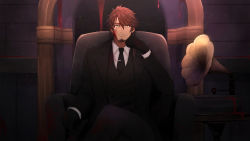 Rule 34 | 1boy, armchair, belmond banderas, black gloves, black jacket, black necktie, black pants, black vest, blood, blood on face, brown eyes, brown hair, chair, choco (chocovix112), closed mouth, collared shirt, crossed legs, eyebrows hidden by hair, facial hair, feet out of frame, gloves, hair between eyes, hair over shoulder, highres, indoors, jacket, long hair, looking at viewer, low ponytail, male focus, necktie, nijisanji, on chair, open clothes, open jacket, pants, phonograph, ponytail, shirt, sitting, solo, stubble, thick eyebrows, tie clip, vest, virtual youtuber, white shirt