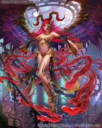 Rule 34 | 1girl, breasts, cleavage, detached sleeves, dragon&#039;s shadow, feathered wings, floating, horns, large breasts, long hair, official art, red eyes, red hair, shadowgrave, slit pupils, thorns, wings
