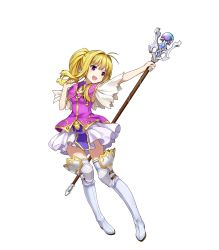 Rule 34 | 1girl, amagai tarou, blonde hair, boots, clarine, fire emblem, fire emblem: the binding blade, fire emblem heroes, full body, highres, holding, long hair, looking at viewer, miniskirt, nintendo, official art, open mouth, pleated skirt, ponytail, purple eyes, skirt, smile, solo, staff, thigh boots, thighhighs, transparent background, white footwear, white thighhighs, zettai ryouiki