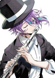 Rule 34 | 1boy, aqua hair, bow, bowtie, closed eyes, earrings, fingernails, flute, hair between eyes, hat, highres, holding, holding instrument, instrument, iwatnc, jewelry, kamishiro rui, lapels, long sleeves, male focus, playing flute, project sekai, purple hair, shirt, short hair, sleeves past elbows, sleeves rolled up, solo, top hat, transverse flute, white background, white bow, white bowtie, white shirt