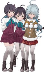 Rule 34 | 3girls, absurdres, ahoge, black ribbon, blue gloves, blue neckwear, boots, bow, bowtie, braid, brown eyes, cross-laced footwear, dress, fujinami (kancolle), full body, gegeron, gloves, grey hair, grey legwear, hair over eyes, hair ribbon, hamanami (kancolle), hayanami (kancolle), highres, kantai collection, lace-up boots, long hair, long sleeves, looking at another, looking at viewer, mittens, multiple girls, pantyhose, pleated dress, ponytail, purple dress, purple hair, ribbon, school uniform, seamed legwear, shirt, short hair, side-seamed legwear, side ponytail, sidelocks, single braid, smile, snowman, thighhighs, white ribbon, white shirt, yellow eyes