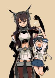 Rule 34 | 10s, 2girls, ahoge, arm guards, arm up, beige background, black hair, breasts, brown eyes, brown hair, closed eyes, coat, collar, commentary request, flexing, garter straps, gloves, hachimaki, hair between eyes, hairband, hand on own hip, hanging on arm, headband, headgear, jacket, kantai collection, large breasts, long coat, long hair, long jacket, looking at viewer, multiple girls, nagato (kancolle), navel, open mouth, partially fingerless gloves, pleated skirt, remodel (kantai collection), saiguchi otoufu, school uniform, serafuku, shoes, short sleeves, sidelocks, skirt, smile, socks, standing, thighhighs, ushio (kancolle)