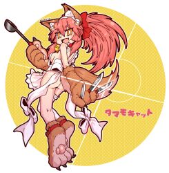 Rule 34 | 1girl, animal ear fluff, animal ears, animal hands, ankle ribbon, apron, ass, asymmetrical legwear, bare back, bell, blush, bow, breasts, bright pupils, cat hair ornament, cat paws, collar, fang, fate/grand order, fate (series), fox ears, fox girl, fox tail, gloves, hair ornament, holding, holding knife, holding ladle, jingle bell, knife, ladle, leg ribbon, medium breasts, naked apron, neck bell, open mouth, orange eyes, paw gloves, paw shoes, pawpads, pink hair, ponytail, red bow, red collar, red ribbon, ribbon, setter (seven stars), sideboob, single thighhigh, solo, tail, tamamo (fate), tamamo cat (fate), thighhighs, translation request, transparent background, white apron, white pupils