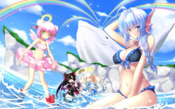 Rule 34 | 4girls, ahoge, animal ears, arm up, bare shoulders, bikini, black hair, blonde hair, blue eyes, blue hair, blush, braid, breasts, cleavage, cliff, closed eyes, cloud, day, double bun, emil chronicle online, female focus, fins, fisheye, flat chest, frilled bikini, frills, front-tie top, hair bun, hair over shoulder, hair ribbon, halo, hat, head fins, innertube, large breasts, legs, lintanghaseo, long hair, looking at viewer, midriff, mini hat, mini top hat, multiple girls, navel, open mouth, outdoors, perspective, pink hair, rainbow, ribbon, rorona, sitting, sky, sparkle, swim ring, swimsuit, tail, top hat, wallpaper, water, whale, wince, wings, yellow eyes