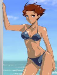 Rule 34 | 00s, 1girl, against wall, alternate costume, arm behind back, arm support, arm up, bare shoulders, beach, bikini, blue bikini, blue eyes, blue sky, blurry, breasts, brown hair, cleavage, cloud, collarbone, contrapposto, dark-skinned female, dark skin, day, depth of field, earrings, facial mark, female focus, flipped hair, forehead, gradient background, grin, groin, halterneck, hand up, highleg, highleg bikini, highleg swimsuit, hip focus, igpx, jewelry, light smile, liz ricarro, looking at viewer, mole, mole under mouth, navel, ocean, onda takeshi, outdoors, outstretched arm, red hair, shiny clothes, shiny skin, short hair, sideboob, sky, smile, solo, spiked hair, standing, string bikini, swimsuit, tan, thigh gap, thighs, tomboy, water