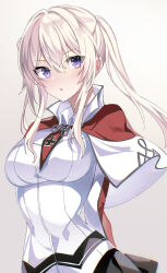 Rule 34 | 1girl, absurdres, black skirt, blonde hair, blush, capelet, commentary, cross, fathom, graf zeppelin (kancolle), hair between eyes, highres, iron cross, kantai collection, long hair, long sleeves, looking at viewer, no headwear, parted lips, purple eyes, sidelocks, simple background, skirt, solo, twintails, upper body, white background, white capelet
