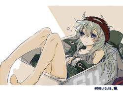 Rule 34 | 1girl, bags under eyes, bare legs, barefoot, blush stickers, border, bubble, chinese commentary, closed mouth, commentary request, dated, g11 (girls&#039; frontline), girls&#039; frontline, green headwear, green jacket, grey eyes, grey hair, grey shirt, hair between eyes, hat, headband, in container, jacket, long hair, lying, on back, own hands clasped, own hands together, red headband, seal impression, shirt, simple background, solo, su xiao jei, unkempt, very long hair, white border