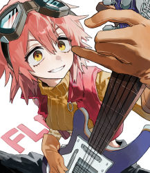 Rule 34 | 1girl, absurdres, breasts, copyright name, electric guitar, flcl, gloves, goggles, goggles on head, guitar, haruhara haruko, highres, holding, holding instrument, instrument, medium breasts, messy hair, pink hair, red vest, seeshin see, smile, solo, sweater, vest, yellow eyes