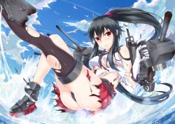 Rule 34 | 10s, 1girl, antenna hair, bird, black hair, black panties, black thighhighs, blush, breasts, cannon, cloud, day, gloves, kantai collection, large breasts, long hair, miniskirt, ocean, panties, pc9527, personification, red eyes, single thighhigh, skirt, sky, solo, thighhighs, torn clothes, turret, underwear, very long hair, water, weapon, white gloves, yahagi (kancolle)