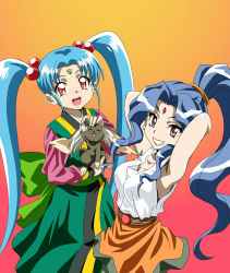 Rule 34 | 2girls, alielle, animal, arms behind head, arms up, blue hair, brown eyes, crossover, earrings, el hazard, facial mark, forehead mark, freckles, grin, hair bobbles, hair ornament, high ponytail, highres, holding, holding animal, jewelry, long hair, long sleeves, looking at viewer, masaki sasami jurai, multiple girls, open mouth, petting, red eyes, ryou-ouki, sleeveless, smile, tenchi muyou!, twintails, very long hair