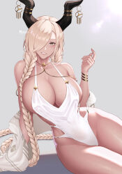 Rule 34 | 1girl, absurdres, artist name, asymmetrical bangs, azur lane, blonde hair, braid, breasts, cleavage, collarbone, covered navel, dark-skinned female, dark skin, earrings, hair over one eye, hair over shoulder, hand up, highres, horn ornament, horns, huge breasts, jewelry, leaning to the side, long hair, looking at viewer, mole, mole under mouth, monokini, nail polish, official alternate costume, one-piece swimsuit, one eye covered, owari (azur lane), owari (shimmering forsythia) (azur lane), parted lips, pixiv username, shawl, sitting, smile, smiling embassies, solo, swimsuit, thighs, toned, twin braids, very long hair, white one-piece swimsuit, white shawl, white swimsuit, yellow eyes