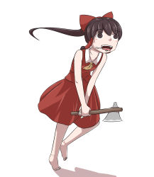 Rule 34 | axe, barefoot, bion, blank stare, blush, brown eyes, brown hair, drooling, feet, hair tubes, hakurei reimu, highres, holding, insane, neckerchief, open mouth, saliva, shadow, simple background, solo, touhou, two-handed, weapon, white background