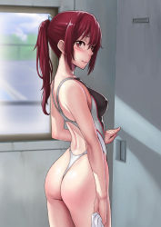Rule 34 | 10s, 1girl, ass, back cutout, bare shoulders, blush, breasts, closed mouth, clothing cutout, competition swimsuit, covered erect nipples, eyebrows, feet out of frame, female focus, fingernails, free!, hair ornament, head tilt, highres, holding, legs together, lips, locker, locker room, long hair, looking at viewer, matsuoka gou, medium breasts, one-piece swimsuit, one-piece thong, ponytail, red eyes, red hair, sawaragi, shiny clothes, shiny skin, smile, solo, standing, swimsuit, thong, towel, window