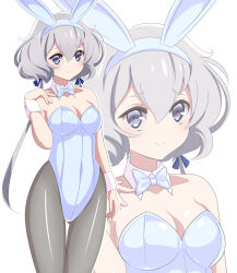 Rule 34 | 1girl, animal ears, black pantyhose, blue eyes, bow, bowtie, breasts, cleavage, detached collar, feet out of frame, highres, konno junko, leotard, low twintails, medium breasts, one-hour drawing challenge, pantyhose, pirochi, playboy bunny, rabbit ears, simple background, solo, strapless, strapless leotard, thigh gap, twintails, upper body, white background, white bow, white bowtie, white hair, white leotard, wrist cuffs, zombie land saga, zoom layer