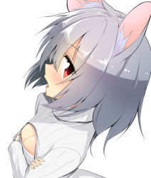 Rule 34 | 1girl, alternate costume, animal ears, areola slip, bad id, bad pixiv id, blush, breasts, chipa (arutana), cleavage, cleavage cutout, clothing cutout, crossed arms, grey hair, looking at viewer, meme attire, mouse ears, nazrin, open-chest sweater, open mouth, red eyes, ribbed sweater, short hair, simple background, small breasts, solo, sweater, touhou, turtleneck, upper body, white background