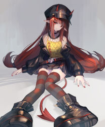 Rule 34 | 1girl, alternate costume, arknights, bare shoulders, belt, black choker, black headwear, black jacket, boots, choker, clothes pull, commentary request, demon girl, demon horns, demon tail, expressionless, fishnet top, fishnets, full body, hair ornament, hairclip, head tilt, hemorina, highres, horns, horns through headwear, jacket, jacket pull, knees together feet apart, long hair, looking at viewer, miniskirt, nail polish, off shoulder, on ground, open clothes, open jacket, pleated skirt, red belt, red eyes, red hair, red nails, sitting, skirt, solo, striped clothes, striped thighhighs, tail, tank top, thighhighs, very long hair, vigna (arknights), yellow tank top