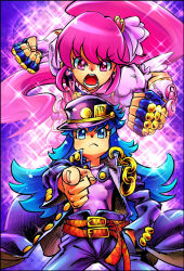 Rule 34 | 2girls, aino megumi, belt, blue eyes, blue hair, coat, cosplay, crossover, cure lovely, cure princess, eyelashes, female focus, fingerless gloves, frown, gloves, hair ornament, happinesscharge precure!, hat, heart, heart hair ornament, highres, jojo no kimyou na bouken, jojo pose, kuujou joutarou, kuujou joutarou (cosplay), long hair, looking at viewer, magical girl, md5 mismatch, multiple girls, open mouth, pink eyes, pink hair, pointing, pointing at viewer, ponytail, precure, puffy sleeves, serious, shirayuki hime, stand (jojo), star platinum, star platinum (cosplay), stardust crusaders, wide ponytail, yamashiro yoshifumi