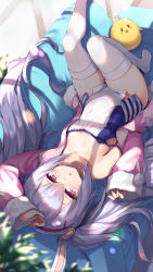Rule 34 | 1girl, animal ears, arms up, azur lane, blurry, bottomless, breasts, character doll, cleavage, collarbone, commentary request, couch, depth of field, eyes visible through hair, fake animal ears, flat chest, groin, hair between eyes, hairband, jacket, laffey (azur lane), leg up, long hair, looking at viewer, lying, manjuu (azur lane), no pants, parted lips, rabbit ears, red eyes, shade, sidelocks, silver hair, solo, thighhighs, tomose shunsaku, twintails, upside-down, white thighhighs