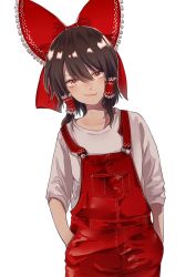 Rule 34 | 1girl, absurdres, bad id, bad pixiv id, black hair, bow, commentary request, hair bow, hair tubes, hakurei reimu, hands in pockets, highres, looking at viewer, overalls, raised eyebrow, red eyes, red overalls, shirt, simple background, smirk, solo, touhou, uchisaki himari, white background, white shirt