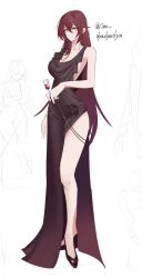 Rule 34 | 1girl, bare arms, bare legs, black dress, black footwear, breasts, bright pupils, cleavage, closed mouth, cup, dress, drinking glass, drop earrings, dyadyadya, earrings, eden (honkai impact), expressionless, full body, hair between eyes, high heels, highres, holding, holding cup, honkai (series), honkai impact 3rd, jewelry, large breasts, long hair, looking at viewer, red hair, sideboob, simple background, sketch, sketch background, sleeveless, solo, standing, twitter username, very long hair, white background, white pupils, wine glass, yellow eyes
