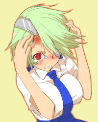 Rule 34 | 1girl, arms up, bad id, bad pixiv id, blush, breasts, bruise, eyepatch, from above, green hair, hair ornament, hair over one eye, hand on own head, impossible clothes, impossible shirt, injury, kurokuro, large breasts, looking at viewer, looking up, open mouth, otonashi kiruko, red eyes, shinmai fukei kiruko-san, shirt, short hair, skirt, solo, tears, uniform