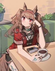 Rule 34 | 1girl, absurdres, angelina (arknights), animal ears, arknights, brown hair, cassette player, closed mouth, commentary, commission, cup, earphones, english commentary, fox ears, fox girl, fox tail, highres, infection monitor (arknights), jacket, long hair, material growth, oripathy lesion (arknights), red eyes, red jacket, short sleeves, sitting, solo, tail, teacup, togekk0
