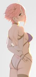 Rule 34 | 1girl, ahoge, ass, backlighting, bare shoulders, blush, breasts, closed mouth, cowboy shot, detached sleeves, from behind, grey background, hair ornament, leotard, long sleeves, looking at viewer, looking back, medium breasts, original, photoshop (medium), pink hair, revealing clothes, short hair, sideboob, sideless outfit, simple background, skeptycally, smile, solo, twitter username, yellow eyes