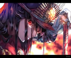 Rule 34 | 1girl, black hair, carimarica, fate/grand order, fate (series), gloves, hand on hilt, hat, hilt, koha-ace, letterboxed, long hair, looking at viewer, military hat, oda nobunaga (fate), oda nobunaga (koha-ace), oda uri, red eyes, solo, white gloves