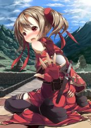 Rule 34 | 10s, 1girl, ass, bad id, bad pixiv id, bare shoulders, black thighhighs, blush, bridge, brown hair, embarrassed, fingerless gloves, gloves, hand on own ass, highres, mountain, open mouth, outstretched arm, re:n ne, red eyes, silica, sitting, sky, solo, sword art online, thighhighs, twintails, wariza, weapon