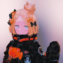 Rule 34 | 1girl, abigail williams (fate), abigail williams (traveling outfit) (fate), bandaid, bandaid on face, bandaid on forehead, belt, black bow, black jacket, blonde hair, blue eyes, bow, crossed bandaids, expressionless, fate/grand order, fate (series), hair bow, hair bun, hanakazesun, highres, holding, holding stuffed toy, jacket, looking at viewer, multiple hair bows, orange belt, orange bow, parted bangs, polka dot, polka dot bow, single hair bun, sleeves past fingers, sleeves past wrists, solo, stuffed animal, stuffed toy, teddy bear, upper body