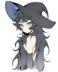 Rule 34 | bare shoulders, black dress, black gloves, black hair, blue eyes, closed mouth, curly hair, dress, elbow gloves, gloves, hat, highres, long hair, looking at viewer, looking to the side, milka (milk4ppl), original, signature, simple background, siska (milka), sleeveless, white background, witch hat