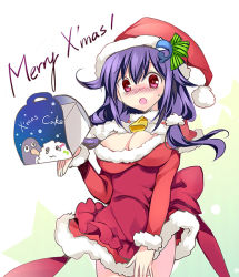 Rule 34 | 10s, 1girl, alternate costume, blush, breasts, cleavage, failure penguin, hair ornament, hat, kantai collection, large breasts, long hair, looking at viewer, low twintails, miss cloud, no panties, purple hair, red eyes, rei (rei&#039;s room), santa costume, santa hat, simple background, solo, taigei (kancolle), twintails, whale hair ornament, white background