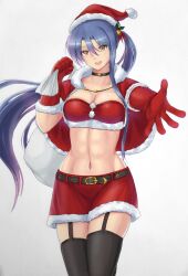 Rule 34 | 1girl, abs, absurdres, bell, blue hair, box, breasts, choker, cleavage cutout, clothing cutout, crop top, eiyuu densetsu, elbow gloves, gift, gift box, gloves, hair between eyes, hat, highres, holding, holding gift, holding sack, jingle bell, large breasts, laura s. arseid, long hair, looking at viewer, navel, notejhay, parted bangs, ponytail, red gloves, sack, santa costume, santa gloves, santa hat, sen no kiseki, short hair, simple background, smile, solo, thighhighs, white background, yellow eyes