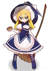 Rule 34 | 1girl, apron, blonde hair, blue bow, blue corset, blue footwear, blue hat, blue skirt, boots, bow, bowtie, broom, buttons, commentary request, corset, dotaku (wran8845), frilled skirt, frills, full body, hair between eyes, hat, hat bow, highres, holding, holding broom, kirisame marisa, looking at viewer, medium hair, mini-hakkero, puffy short sleeves, puffy sleeves, revision, shirt, short sleeves, skirt, solo, touhou, urban legend in limbo, waist apron, white apron, white bow, white shirt, witch hat, yellow eyes