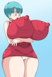 Rule 34 | 1girl, alternate breast size, blue background, blue eyes, blue hair, blunt bangs, breasts, bulma, cameltoe, crossed arms, dragon ball, dragon ball super, dress, earrings, gigantic breasts, jewelry, mature female, nipples, panties, pussy, red dress, red lips, red nails, short hair, simple background, solo, toshiso (artist), underwear, white panties